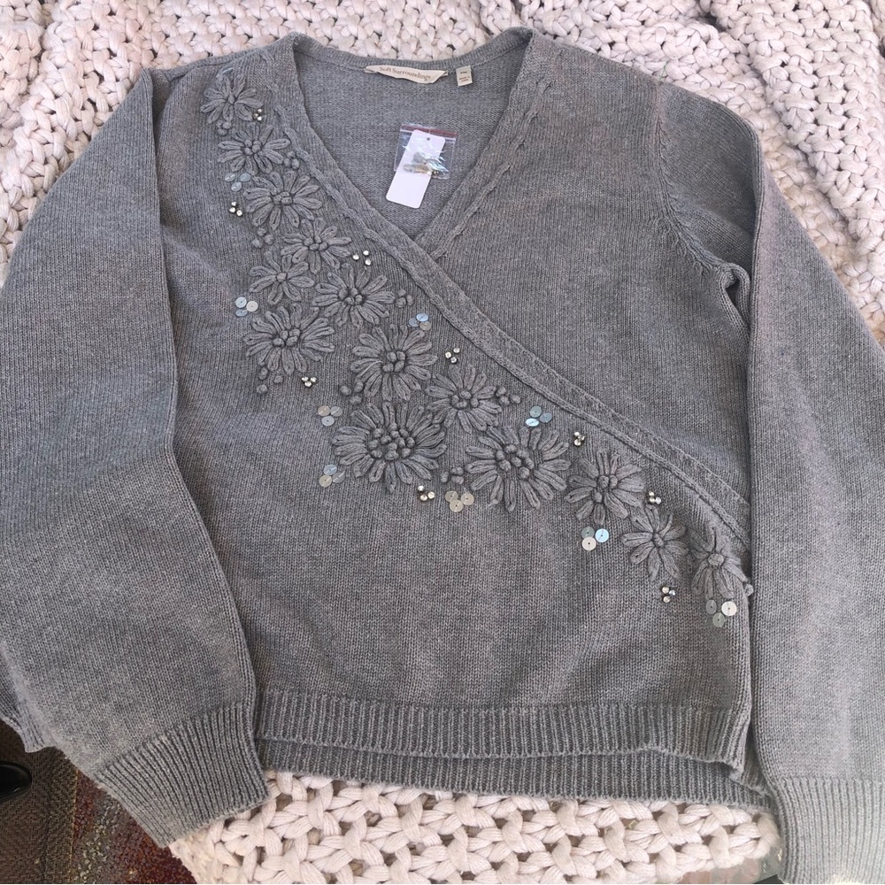 Soft Surroundings grey sequined sweater cross over v neck in a size PM.